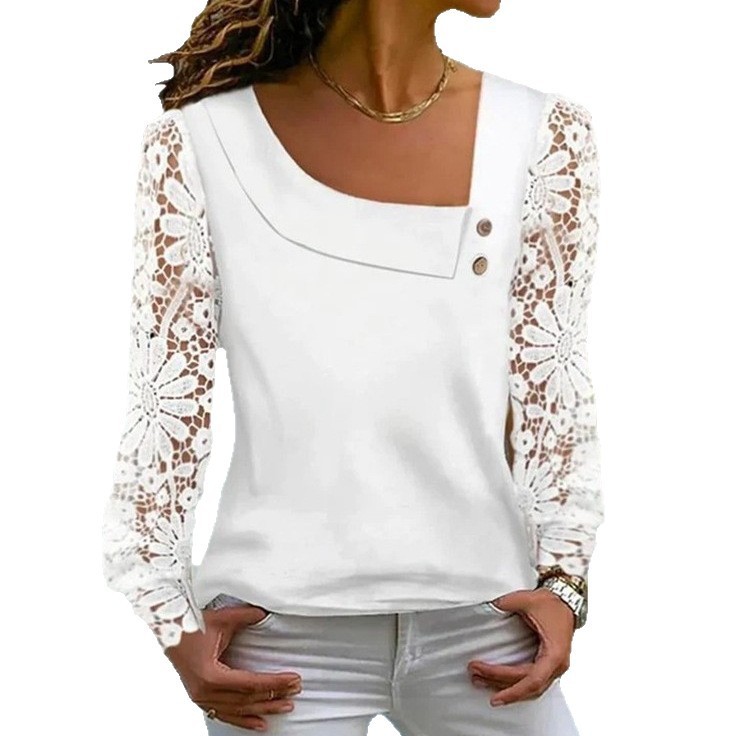 Womens Fashion Solid-Color Long-Sleeve Lace-Patchwork Shirt - الصورة 5