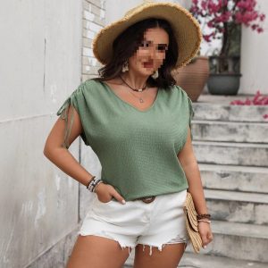 Womens V-neck Loose-fit Drawstring Short-sleeve Top