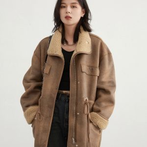 Women's Motorcycle Clothing Suede Lamb Wool Reverse Coat