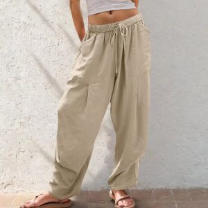 Womens Solid-Color Cotton-Linen Casual Loose Straight Pockets Lounge Pants With Drawstring