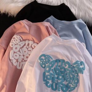 Womens Korean-style Loose-fit Short-sleeve Top With A Print