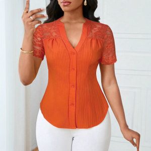 Versatile Slim-fit Embroidered Hollow-out Short-sleeve Top With A Single-breasted Design