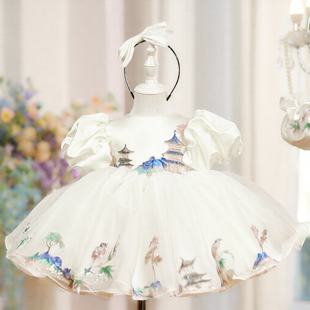 Childrens White Puff-sleeved Satin Ball Gown - الصورة 2