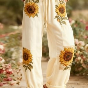 Cotton And Linen Style Elastic Waist Floral Pants