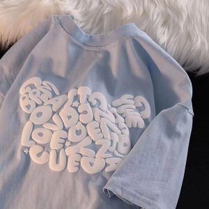 Womens Korean-style Loose-fit Short-sleeve Top With A Print