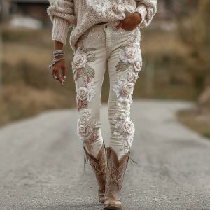 Womens Colorful Floral Faux Denim Pants