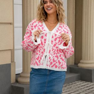 New Womens Leopard-print Jacquard Tie-front Cropped Sweater Jacket