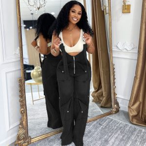 Womens Solid-Color Casual Washed Denim Suspender Overalls With Zipper