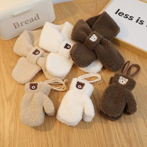 Korean Solid Color Bear Children's Gloves Set Autumn And Winter