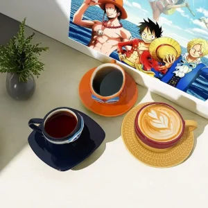 Anime Coffee Mug with Saucer Creative Luffy Ace Sabo Three Brothers Hat Shaped Ceramic Coffee Cup Child's Birthday Gift Cup