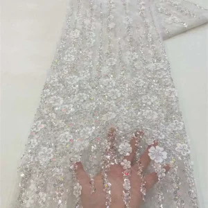 African Lace Fabric 2025 High Quality French 3D Flower Sequins Embroidery Beads Tulle Lace Fabric For Party Dress