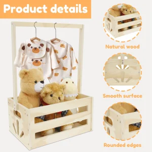 Wood Baby Shower Basket Baby Shower Crate Closet with Portable Handle Decorate Large Capacity Toy Storage Basket for Bathroom