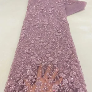 African Lace Fabric 2025 High Quality French 3D Flower Sequins Embroidery Beads Tulle Lace Fabric For Party Dress