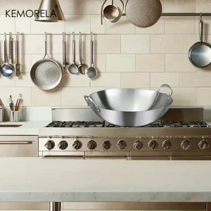 1PCS Stainless Steel Wok Uncoated 26/28/30/32/34cm High Quality Double Handle Chef Pan Suitable for Home Stir-fried beef Cooking