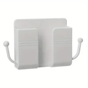 1pc Adhesive Wall Mount Phone Holder With Hooks, Storage Box ForMobile Phone Remote Control, Storage Box For Bedroom, Kitchen,Ba