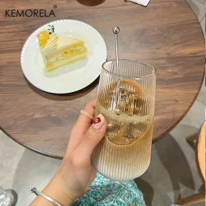 KEMORELA 4/6PCS Heat-Resistant Vertical Stripes Clear Glass Cup With Lid Straw Coffee Cup Milk Beer Juice Tea Cup Drinking Cup