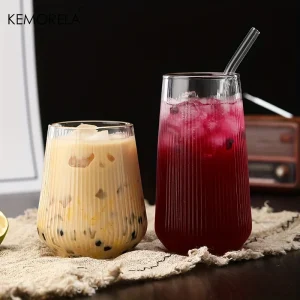 KEMORELA 4/6PCS Heat-Resistant Vertical Stripes Clear Glass Cup With Lid Straw Coffee Cup Milk Beer Juice Tea Cup Drinking Cup