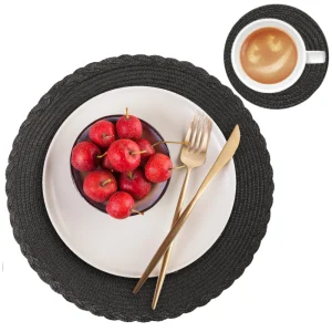 Set of 6 Round Braided Placemats 34CM Table Mats for Dining Tables Christmas Halloween Woven Washable Non-Slip Place mats
