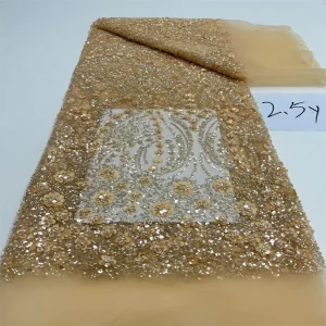 Luxurious Nigerian African Beaded Lace Fabric High Quality Sequins Embroidery African French Lace Fabric For Sewing 2.5 Yards