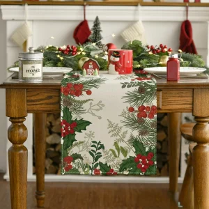 Christmas Pine Cones Holly Berry Linen Table Runner Winter Xmas Party Decor Kitchen Dining Table Runners Christmas Decorations