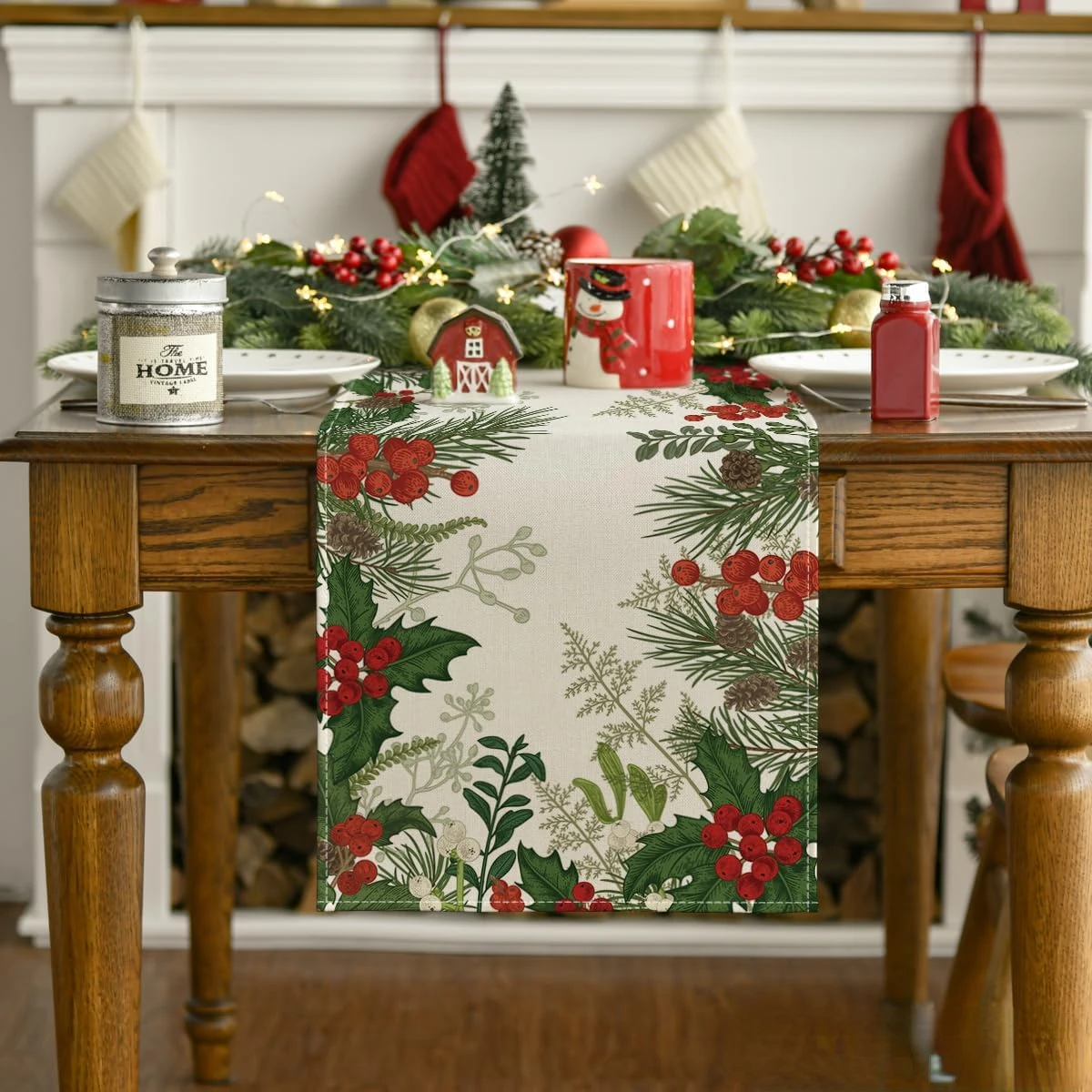 Christmas Pine Cones Holly Berry Linen Table Runner Winter Xmas Party Decor Kitchen Dining Table Runners Christmas Decorations - Image 4