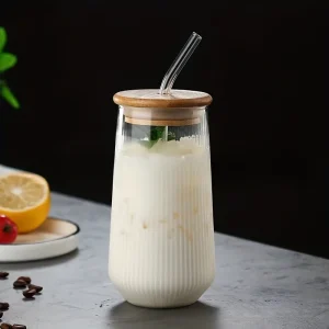 KEMORELA 4/6PCS Heat-Resistant Vertical Stripes Clear Glass Cup With Lid Straw Coffee Cup Milk Beer Juice Tea Cup Drinking Cup