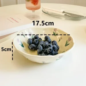 1PCS Ceramic Salad Bowl Hand Pinched Irregular Ins Korean Style Cream Yellow Yogurt Bowl Oatmeal Breakfast Plates Flower Bowl