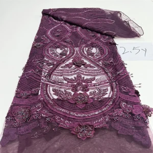 Luxurious Nigerian African Beaded Lace Fabric High Quality Sequins Embroidery African French Lace Fabric For Sewing 2.5 Yards