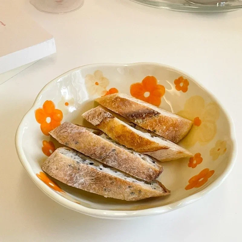 1PCS Ceramic Salad Bowl Hand Pinched Irregular Ins Korean Style Cream Yellow Yogurt Bowl Oatmeal Breakfast Plates Flower Bowl - Image 3