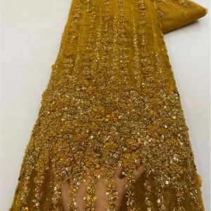 African Lace Fabric 2025 High Quality French 3D Flower Sequins Embroidery Beads Tulle Lace Fabric For Party Dress
