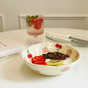 1PCS Ceramic Salad Bowl Hand Pinched Irregular Ins Korean Style Cream Yellow Yogurt Bowl Oatmeal Breakfast Plates Flower Bowl