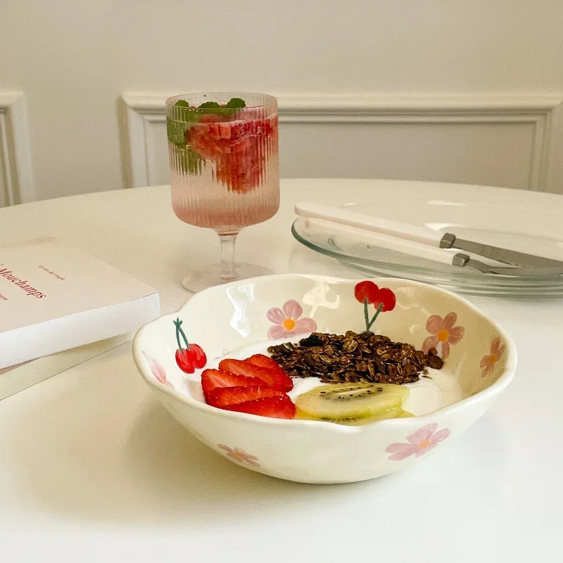 1PCS Ceramic Salad Bowl Hand Pinched Irregular Ins Korean Style Cream Yellow Yogurt Bowl Oatmeal Breakfast Plates Flower Bowl - Image 4