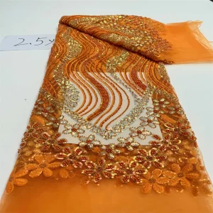 Luxurious Nigerian African Beaded Lace Fabric High Quality Sequins Embroidery African French Lace Fabric For Sewing 2.5 Yards