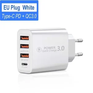 Type C USB  Charger 4 Ports 3.0 PD Cell Mobile Phone Power  Adapter For iPhone Samsung Xiaomi Black