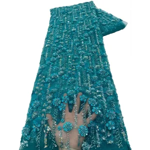 African Lace Fabric 2025 High Quality French 3D Flower Sequins Embroidery Beads Tulle Lace Fabric For Party Dress