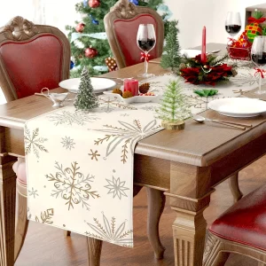 Winter Table Runner, Snowflake Decorations White Gold Winter Runner for Table Seasonal Chriatmas Winter Holiday Decor