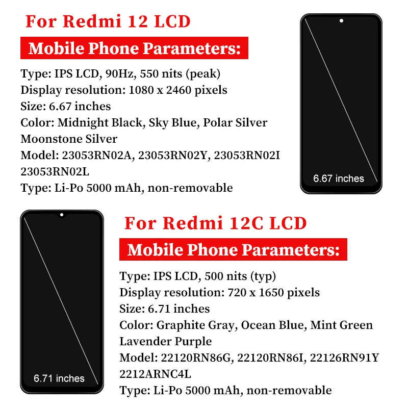 AAA+ IPS For Xiaomi Redmi 12C LCD Poco C55 Display 22120RN86I Touch Screen For Redmi 12 LCD Digitizer Assembly Replacement Parts - الصورة 2