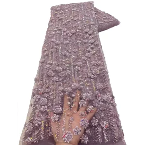 African Lace Fabric 2025 High Quality French 3D Flower Sequins Embroidery Beads Tulle Lace Fabric For Party Dress