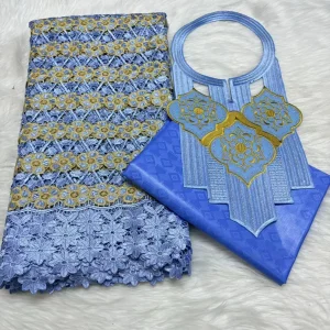 Sky Blue 2.5+2.5 Yards Swiss Voile Lace Fabric With Embroidered African Bazin Riche Fabric For Women Sewing Clothing Lace Fabric