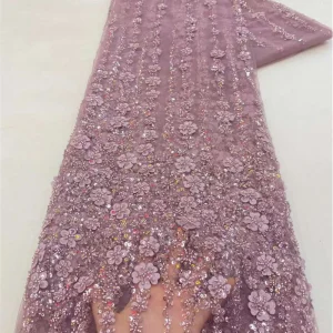 African Lace Fabric 2025 High Quality French 3D Flower Sequins Embroidery Beads Tulle Lace Fabric For Party Dress