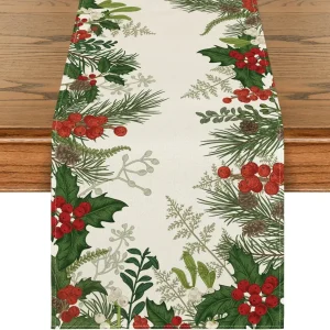Christmas Pine Cones Holly Berry Linen Table Runner Winter Xmas Party Decor Kitchen Dining Table Runners Christmas Decorations