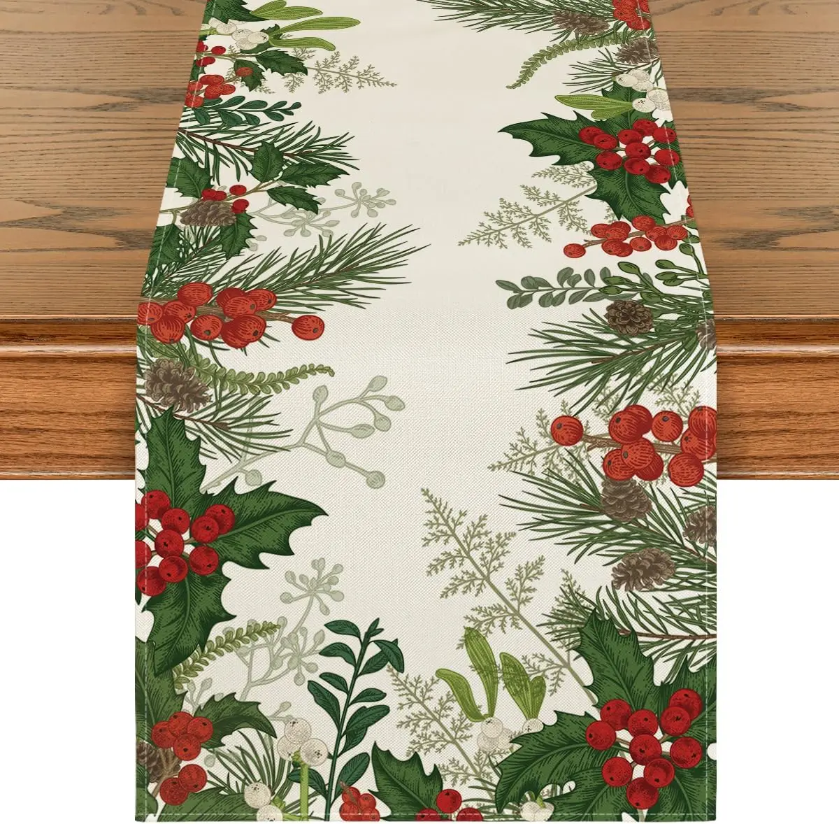 Christmas Pine Cones Holly Berry Linen Table Runner Winter Xmas Party Decor Kitchen Dining Table Runners Christmas Decorations - Image 3