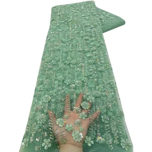 African Lace Fabric 2025 High Quality French 3D Flower Sequins Embroidery Beads Tulle Lace Fabric For Party Dress