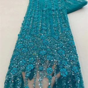 African Lace Fabric 2025 High Quality French 3D Flower Sequins Embroidery Beads Tulle Lace Fabric For Party Dress