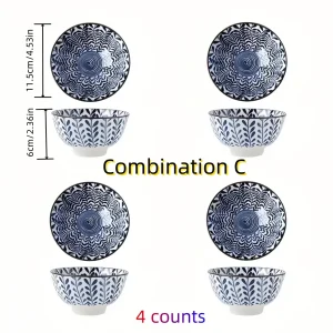 Japanese - style blue and white hand - painted 4.5 - inch ceramic bowl, retro - style rice bowl for home use.