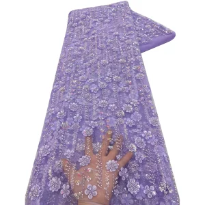 African Lace Fabric 2025 High Quality French 3D Flower Sequins Embroidery Beads Tulle Lace Fabric For Party Dress