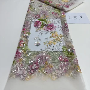 Luxurious Nigerian African Beaded Lace Fabric High Quality Sequins Embroidery African French Lace Fabric For Sewing 2.5 Yards