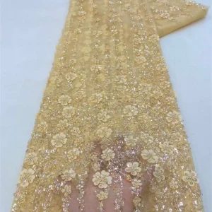 African Lace Fabric 2025 High Quality French 3D Flower Sequins Embroidery Beads Tulle Lace Fabric For Party Dress