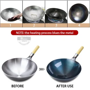 32/34/36cm Iron Wok Chinese Traditional Handmade Large Wok Household Cooking Pot Wooden Handle Wok Kitchen Cookware