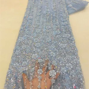 African Lace Fabric 2025 High Quality French 3D Flower Sequins Embroidery Beads Tulle Lace Fabric For Party Dress